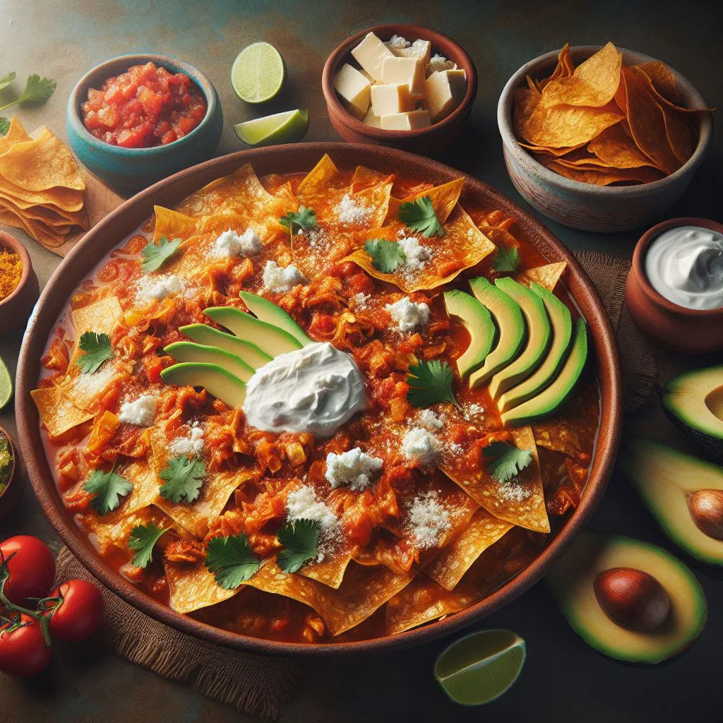 Chilaquiles: crisp tortilla strips in tomato-chilli sauce topped with cheese and avocado