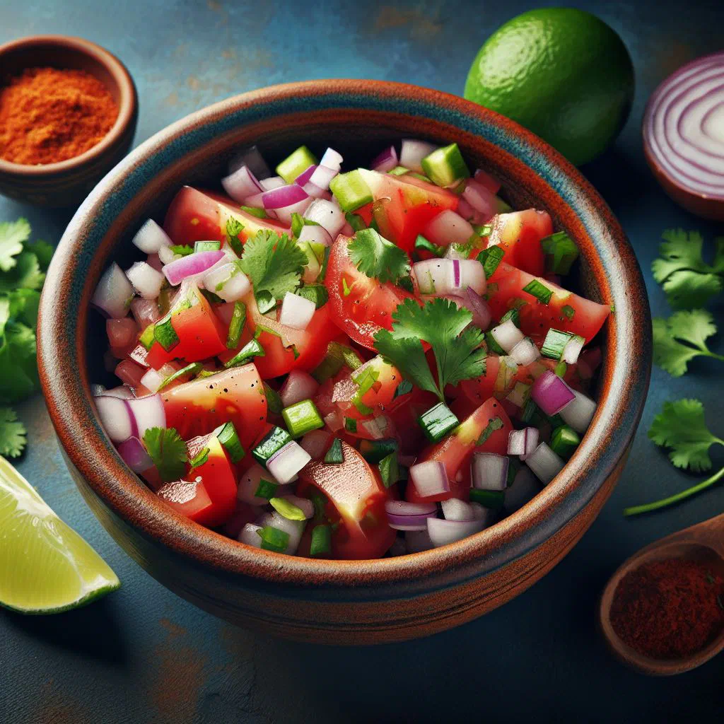 A bowl of fresh chirimol salsa with diced tomato, onion and coriander