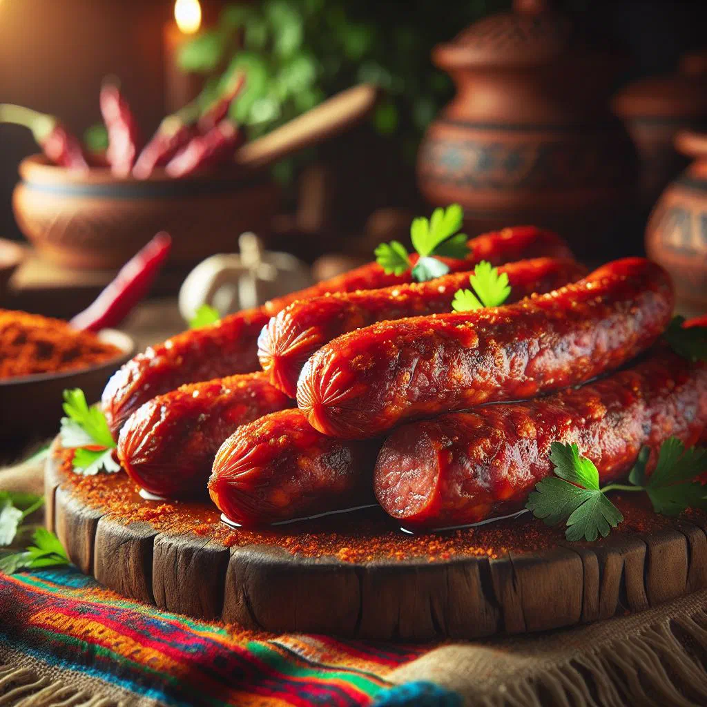 Grilled Salvadoran chorizo sausages served on a wooden board