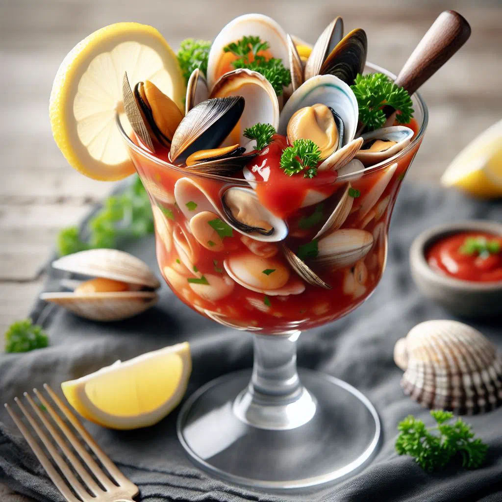 Coctel de conchas served in a glass with clams, tomato and lime