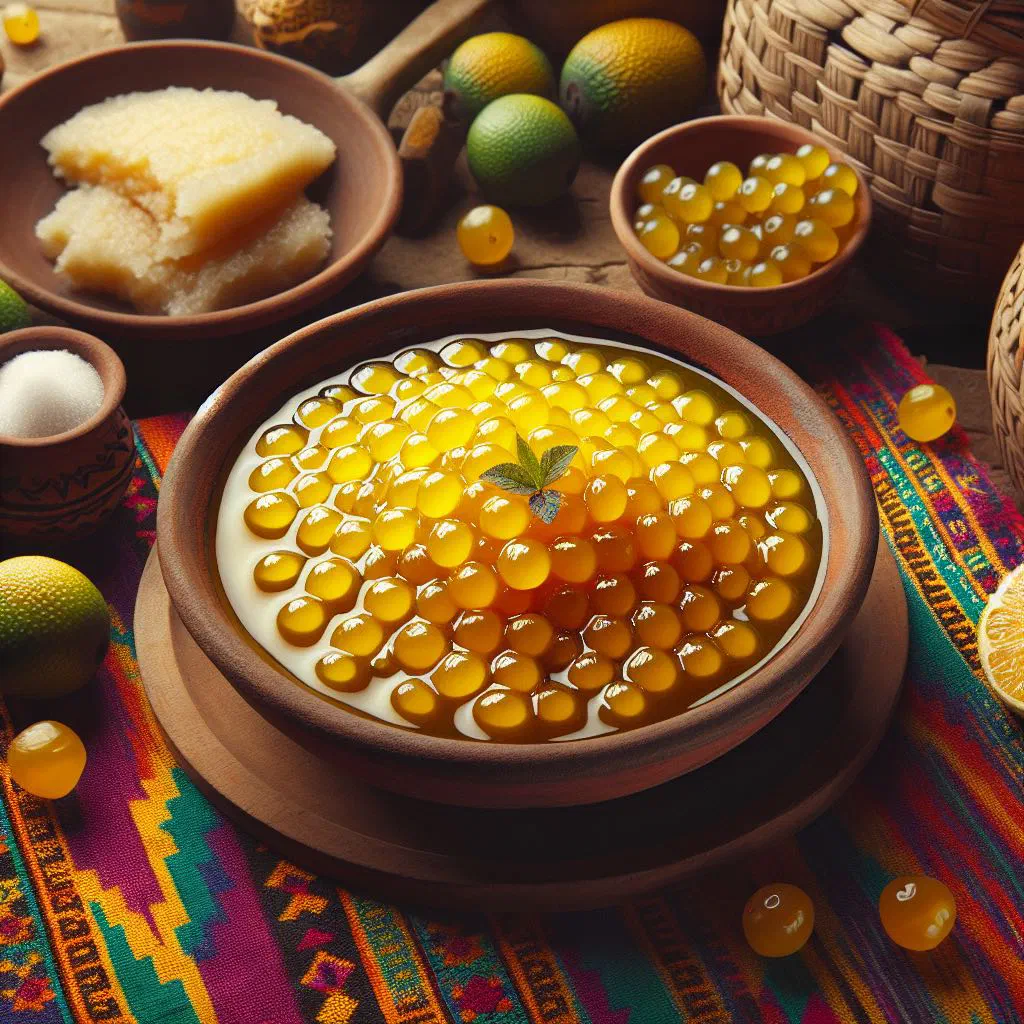 Dulce de nance served in a small bowl with syrupy stewed nance fruit