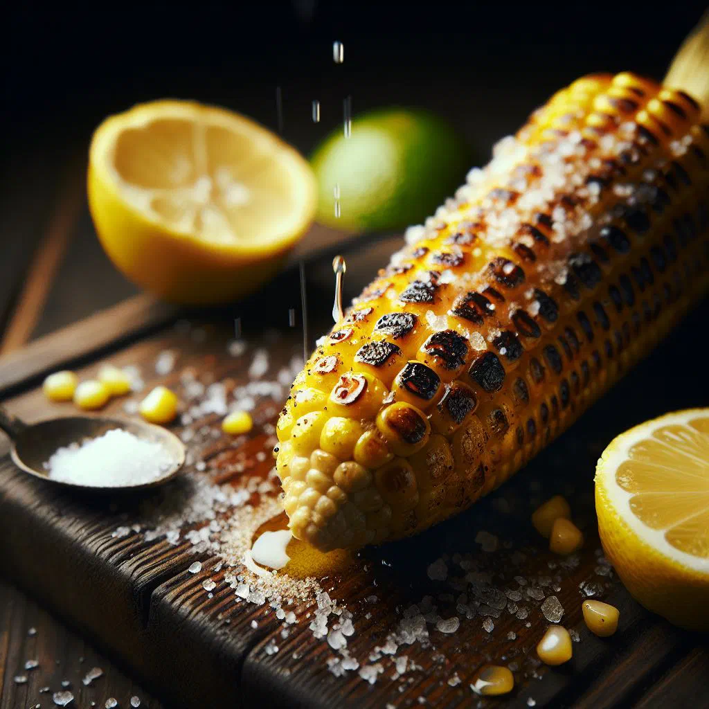 Grilled corn on the cob dressed with lime and salt