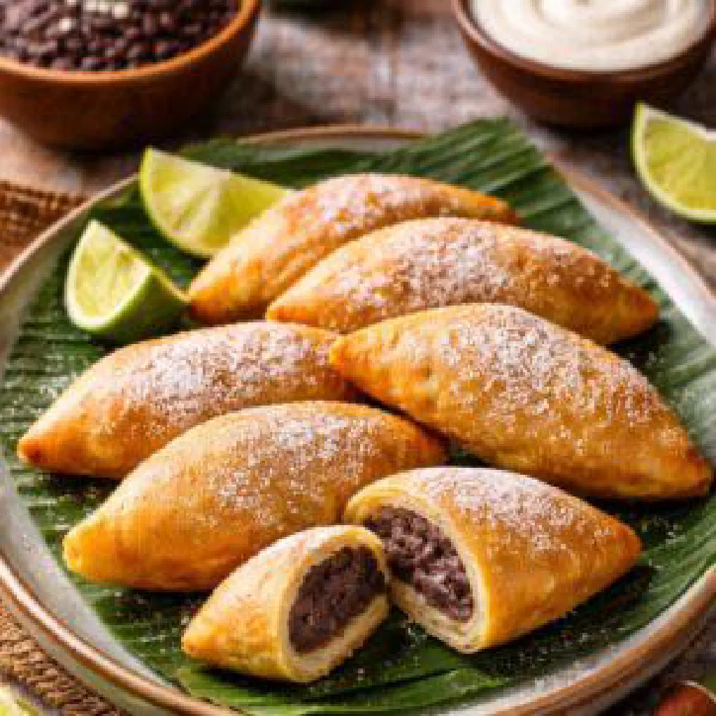 Golden fried plantain empanadas filled with creamy black beans