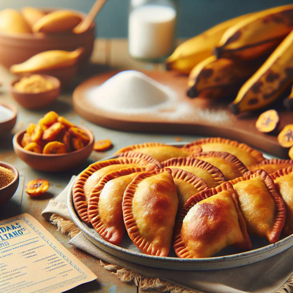 Golden fried plantain empanadas dusted with sugar on a plate
