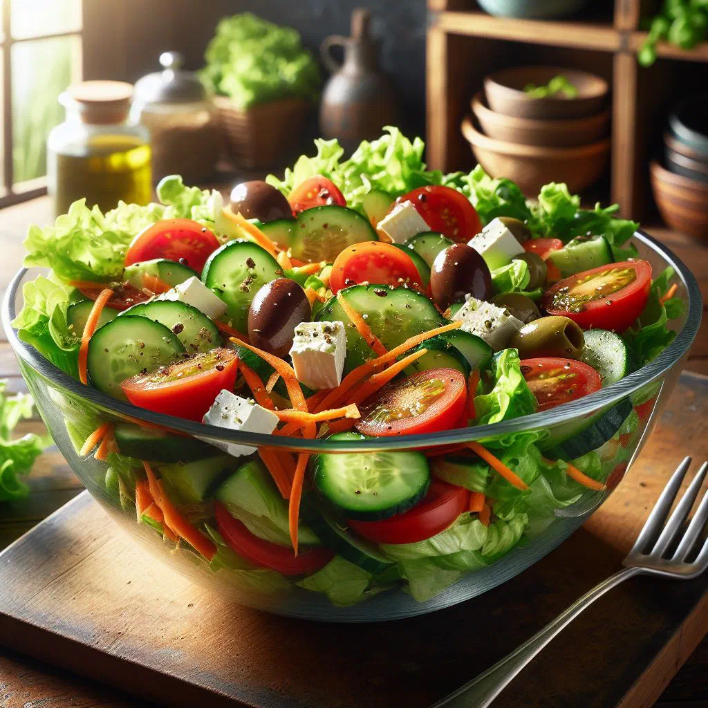 A tall glass of fresco de ensalada filled with tropical fruit and topped with fresh fruit pieces