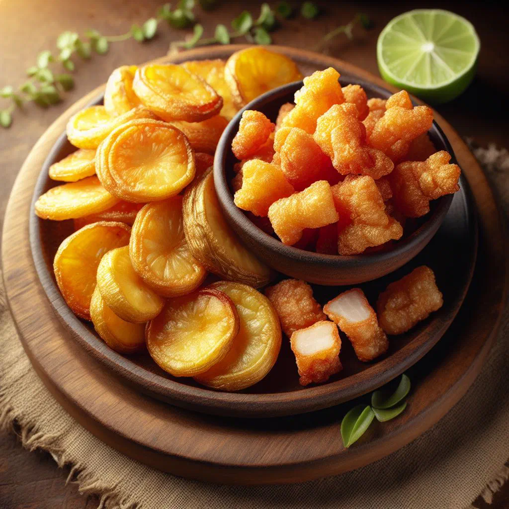 Golden fried yuca served with crispy chicharrón and lime wedges