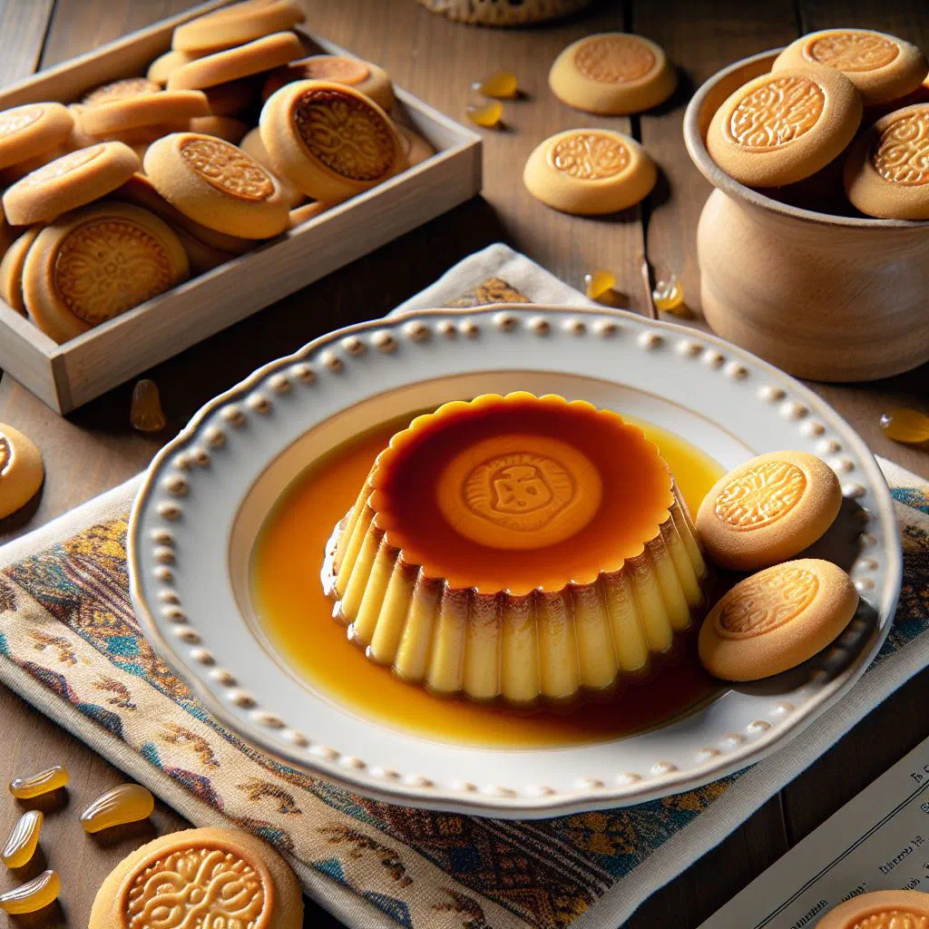 Creamy caramel flan layered with Maria biscuits on a dessert plate