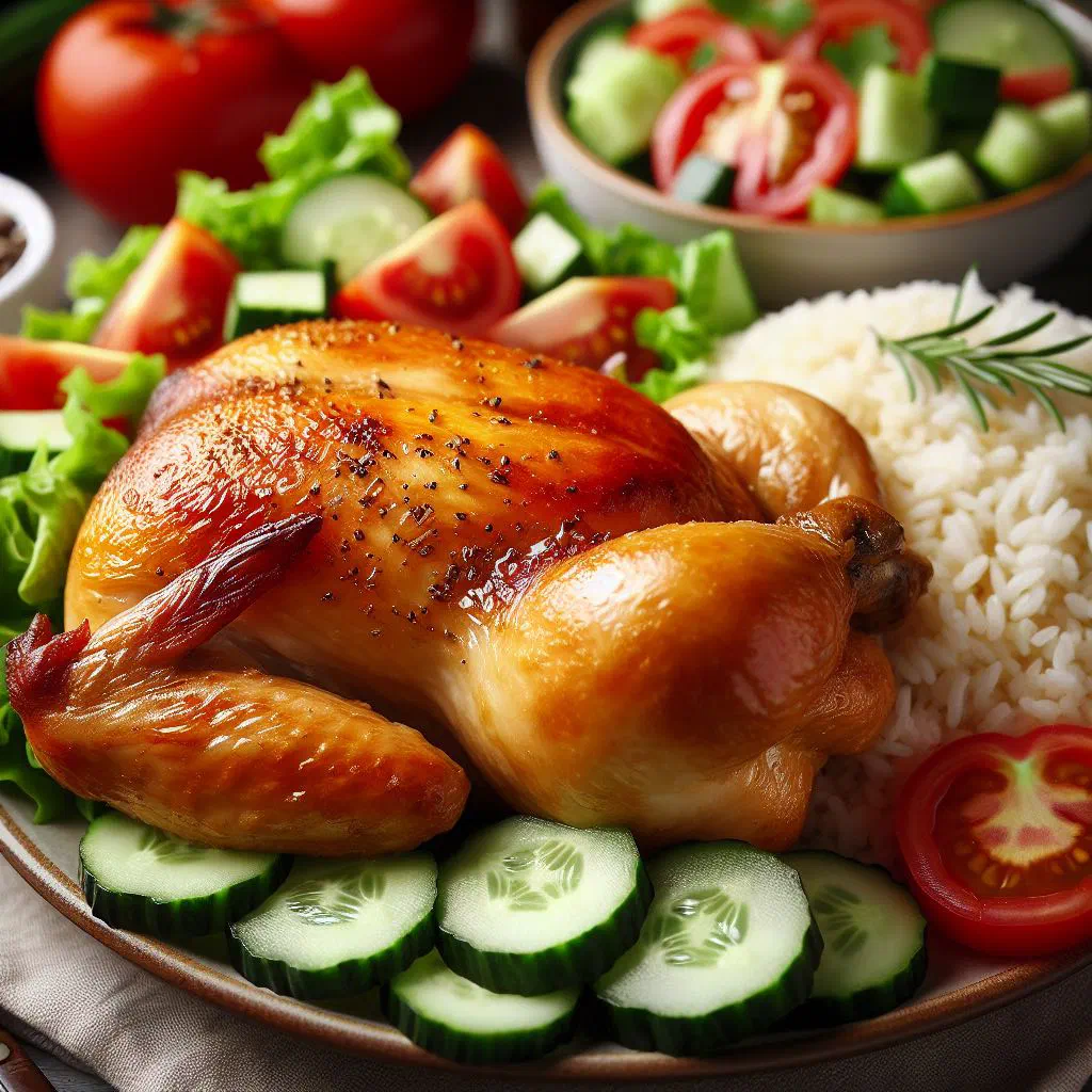 Golden pan-fried chicken served with white rice and a fresh green salad
