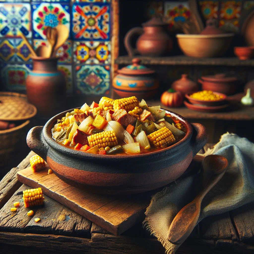Bowl of Guiso de Maíz corn stew garnished with fresh coriander