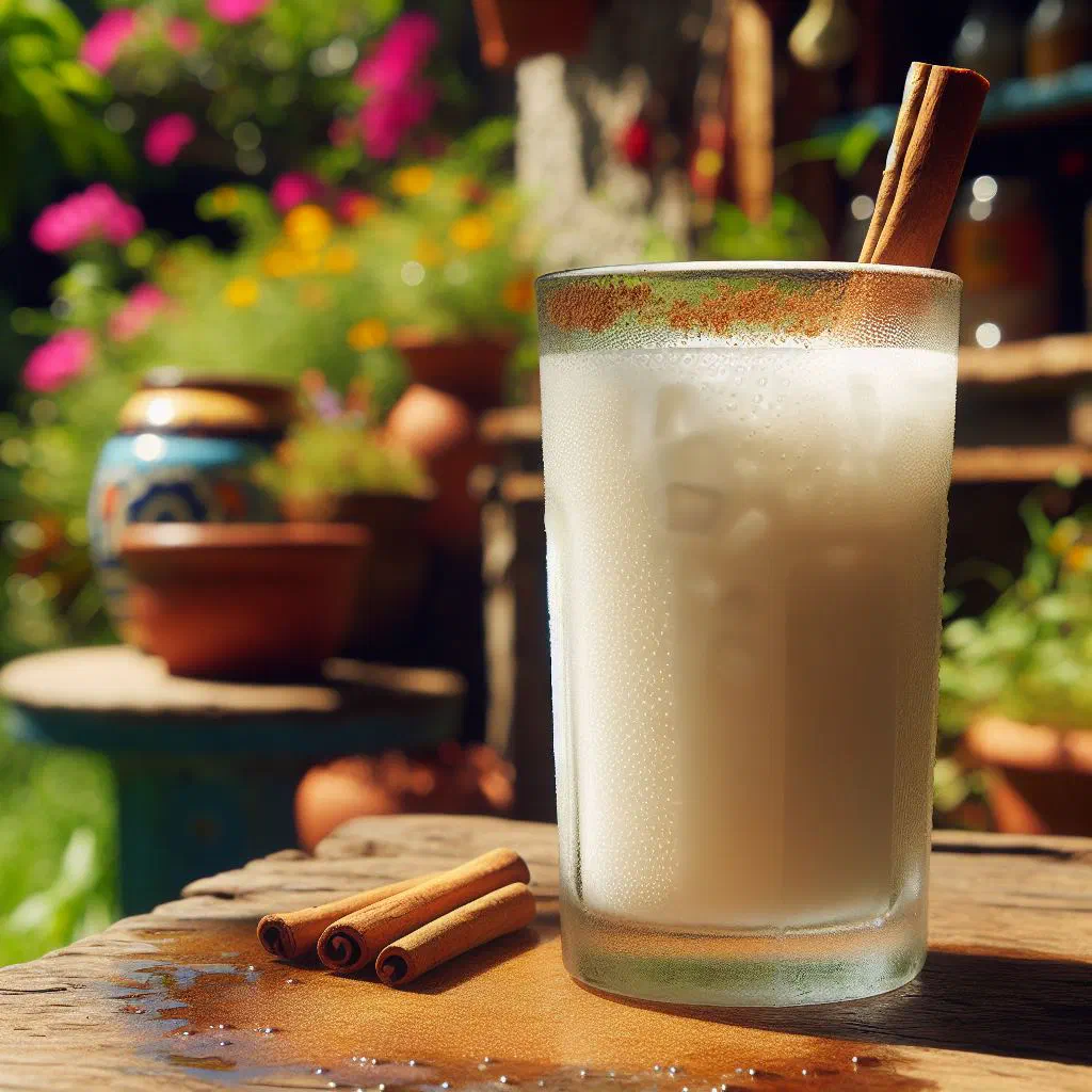 A tall glass of creamy Salvadoran horchata topped with a cinnamon stick