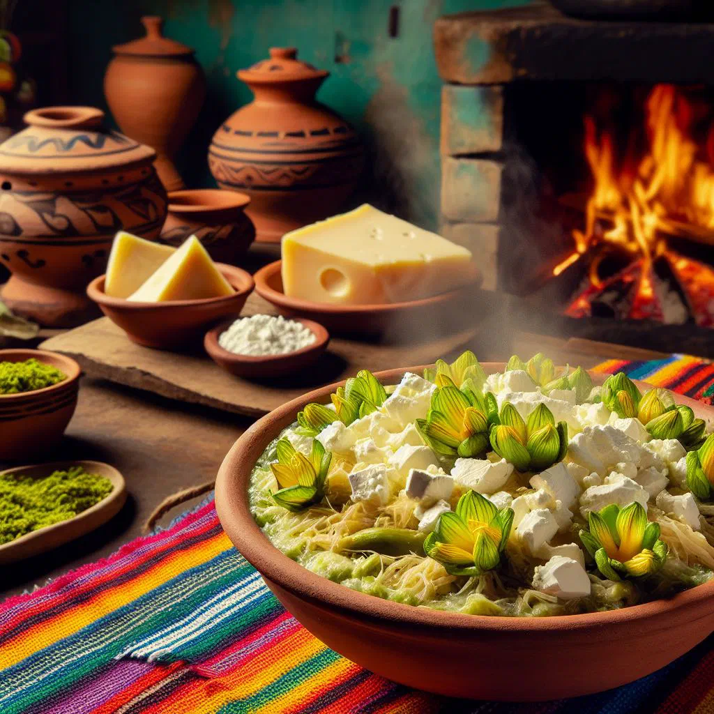 Loroco con queso with melted cheese, eggs and green loroco flower buds in a pan