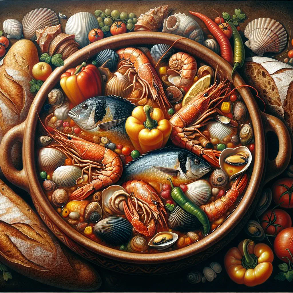 Bowl of Salvadoran mariscada seafood stew in a spiced tomato sauce garnished with fresh coriander