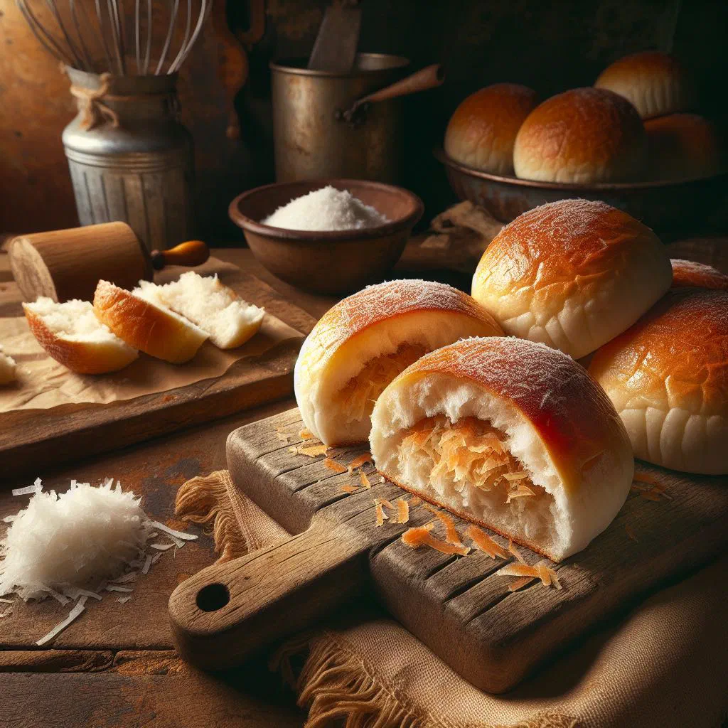 Golden coconut bread rolls dusted with grated coconut on a plate