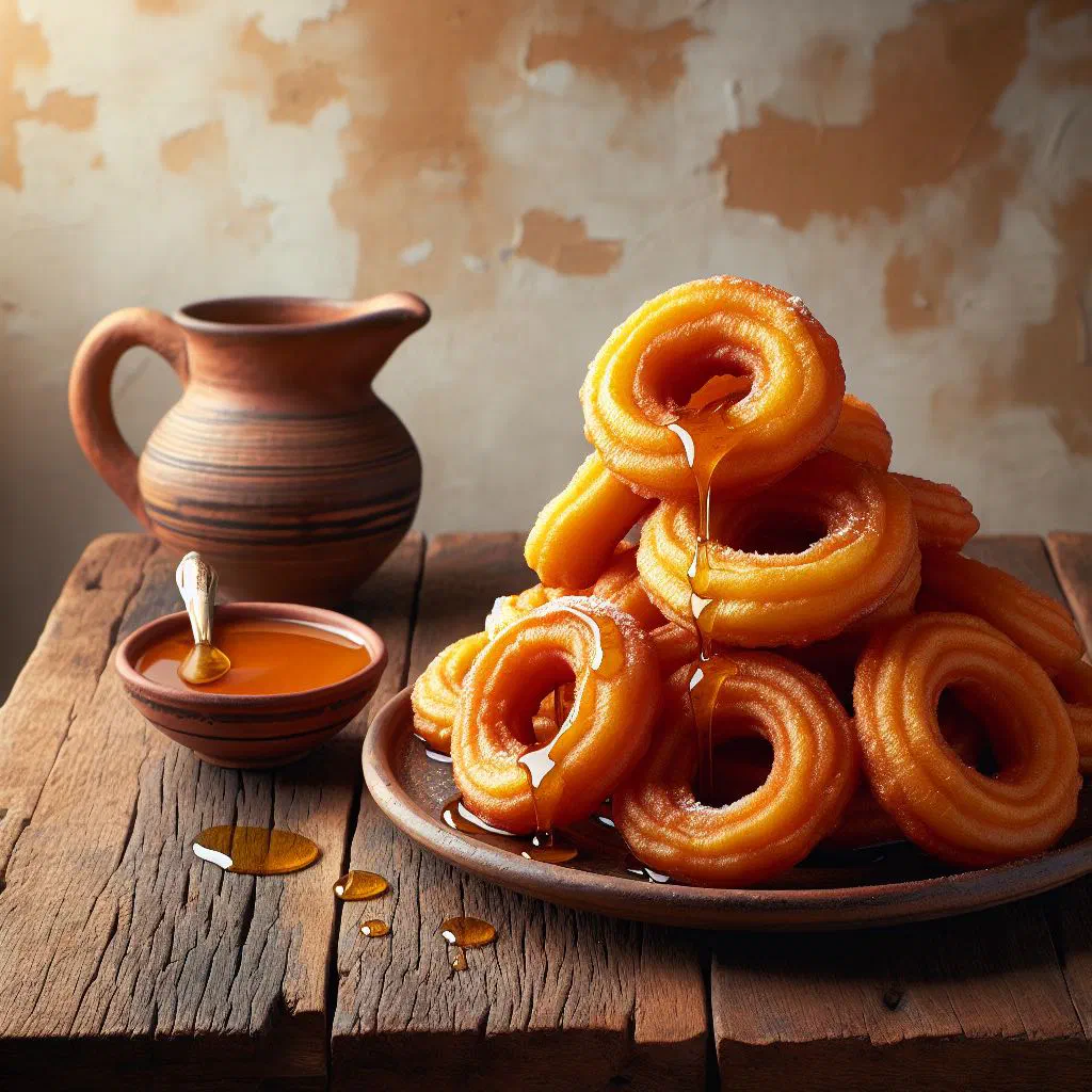 Golden fried picarones rings drizzled with sweet syrup