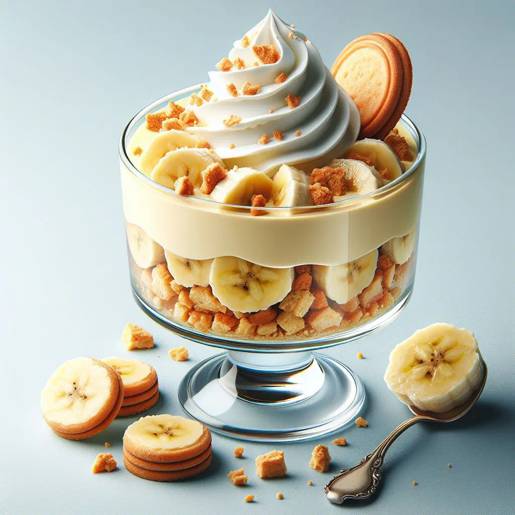 Creamy plantain pudding in a small dish dusted with cinnamon
