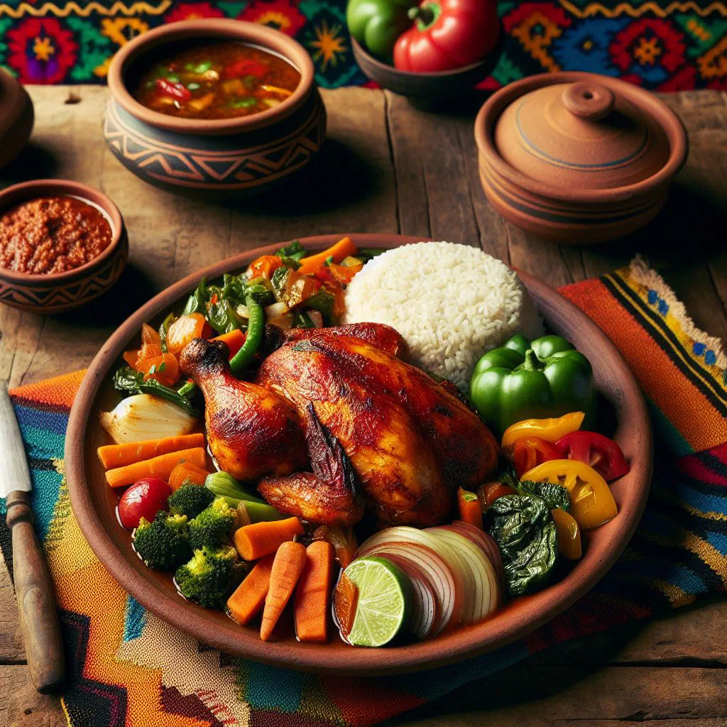 Salvadoran pollo en recado, chicken simmered in a rich roasted tomato and pepper sauce