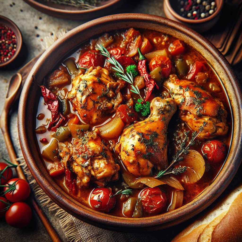 Salvadoran pollo guisado, braised chicken thighs in a rich vegetable sauce garnished with coriander
