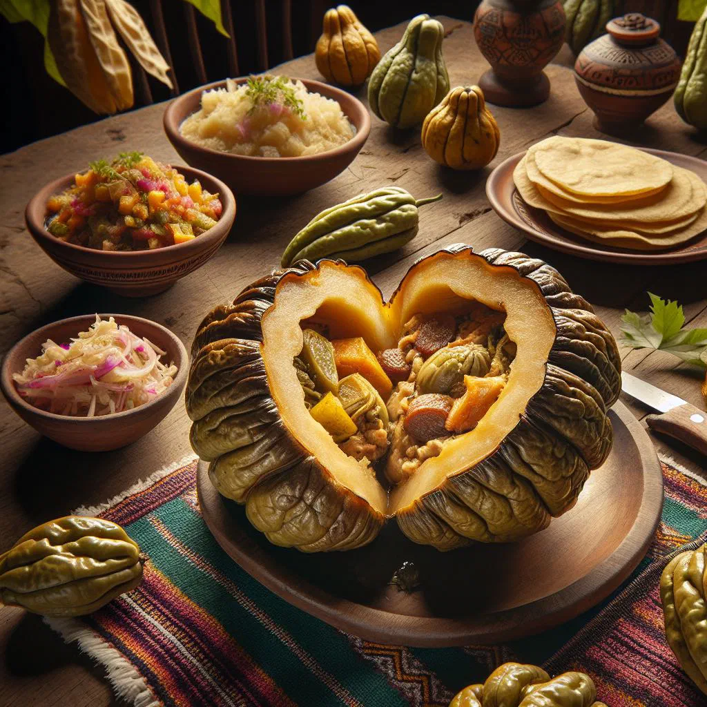 Halved chayote squash stuffed with spiced meat filling and melted cheese