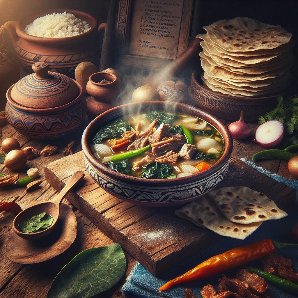 Bowl of Sopa de Chipilín with green chipilín leaves and diced vegetables