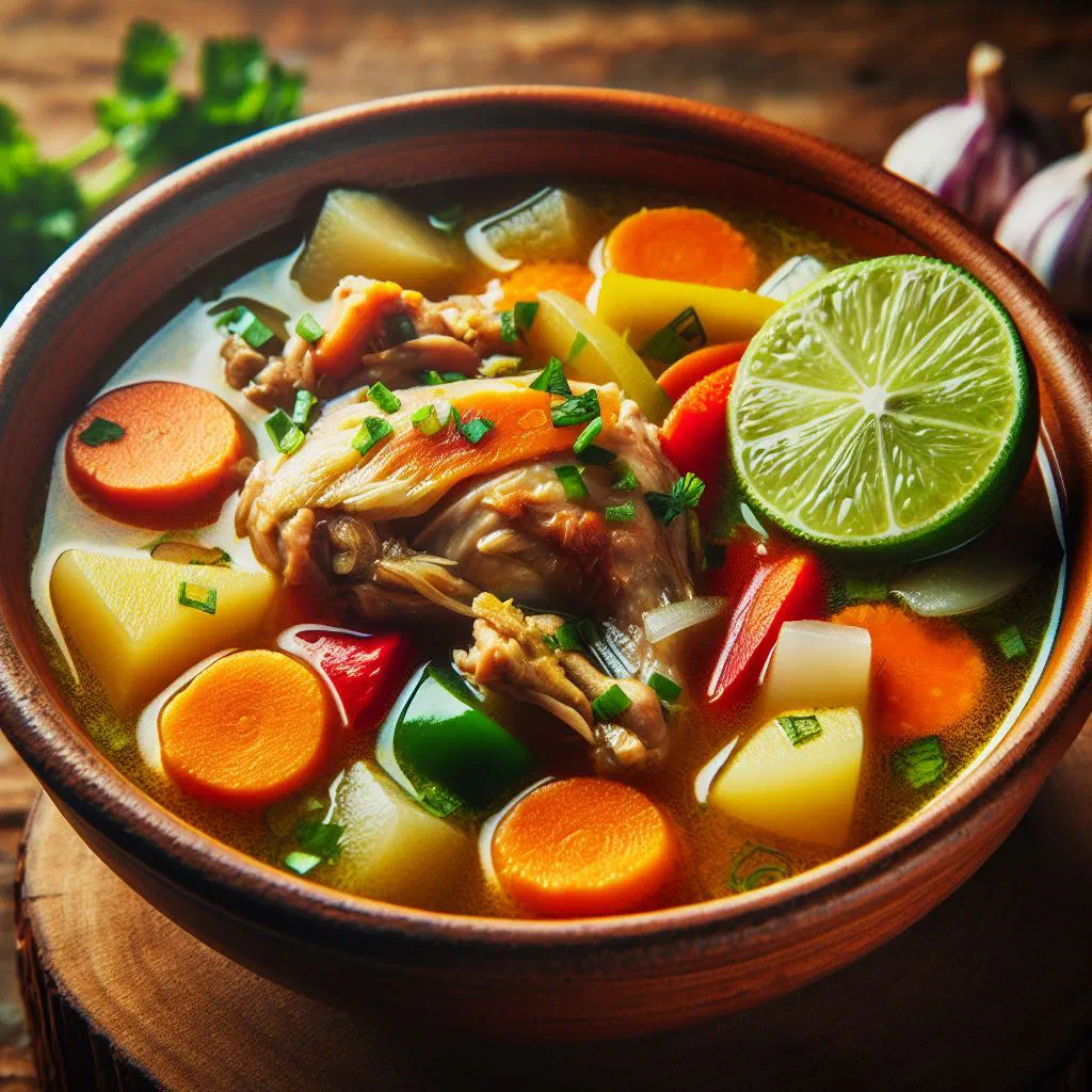 Bowl of Salvadoran chicken soup with vegetables, coriander and a lime wedge