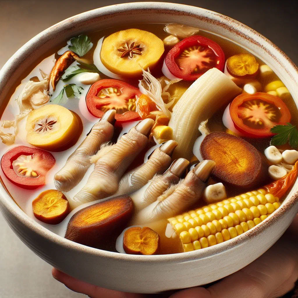 Bowl of Salvadoran sopa de pata with beef, vegetables and fresh coriander