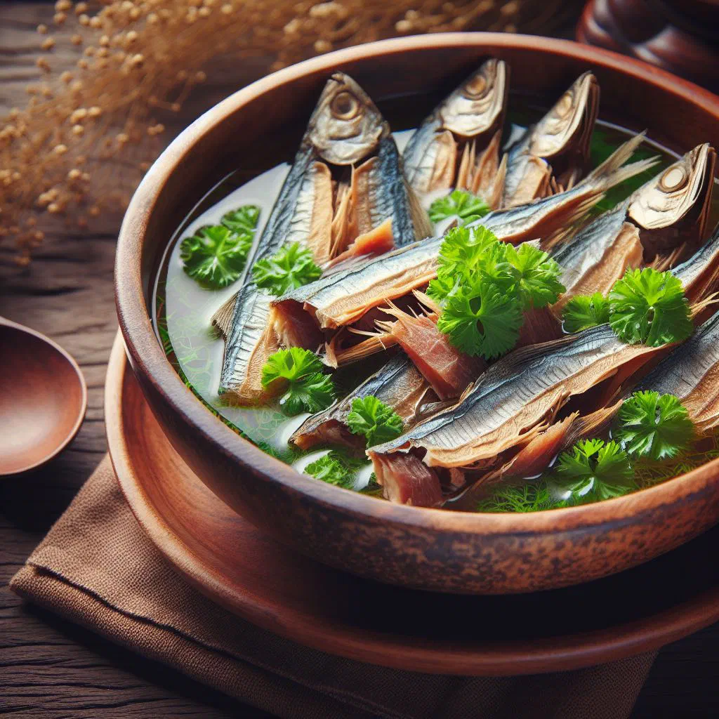 Bowl of Salvadoran dried fish soup with tomatoes, peppers and fresh herbs