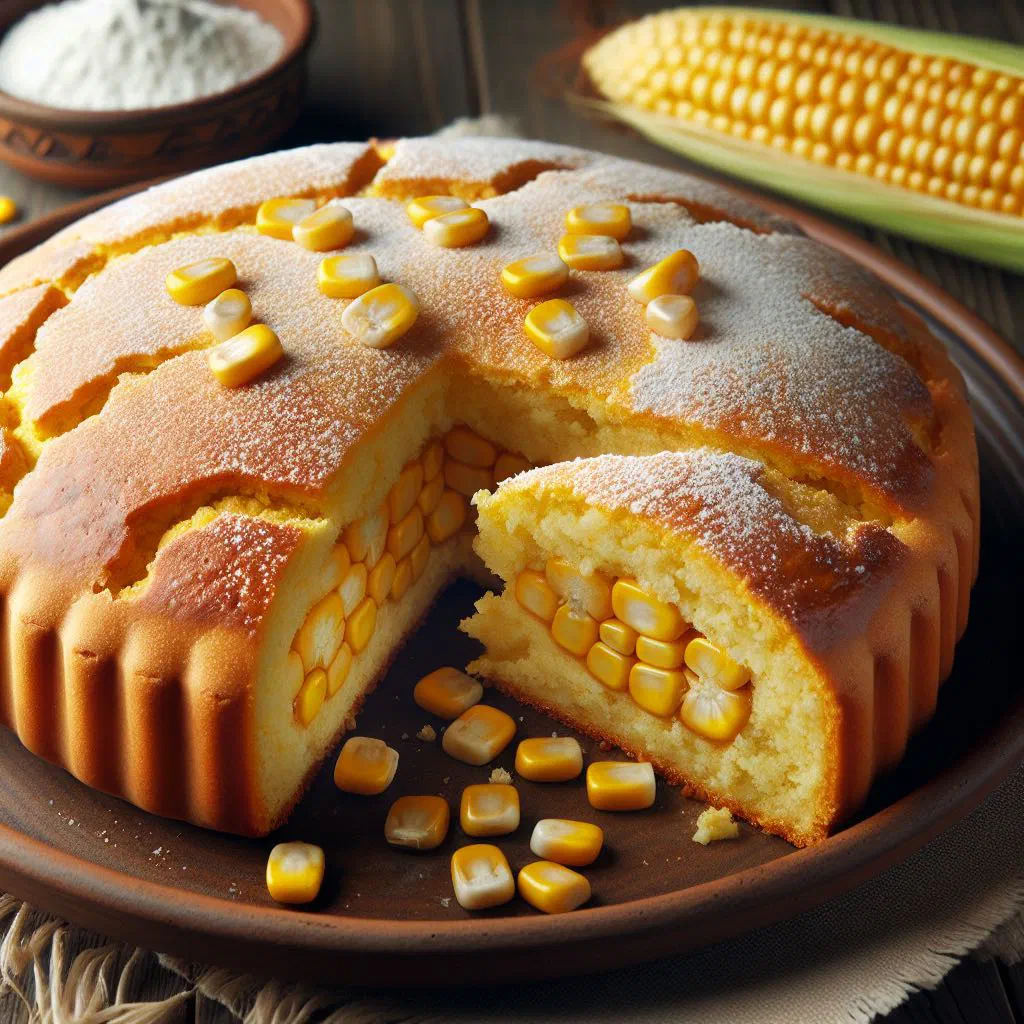 Golden Salvadoran sweetcorn cake sliced on a plate