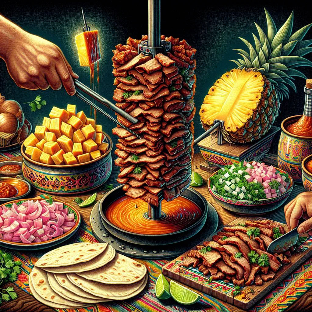 Tacos al pastor topped with pineapple, onion and fresh coriander