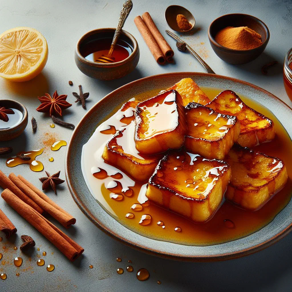 Golden fried torrejas soaked in cinnamon syrup on a plate