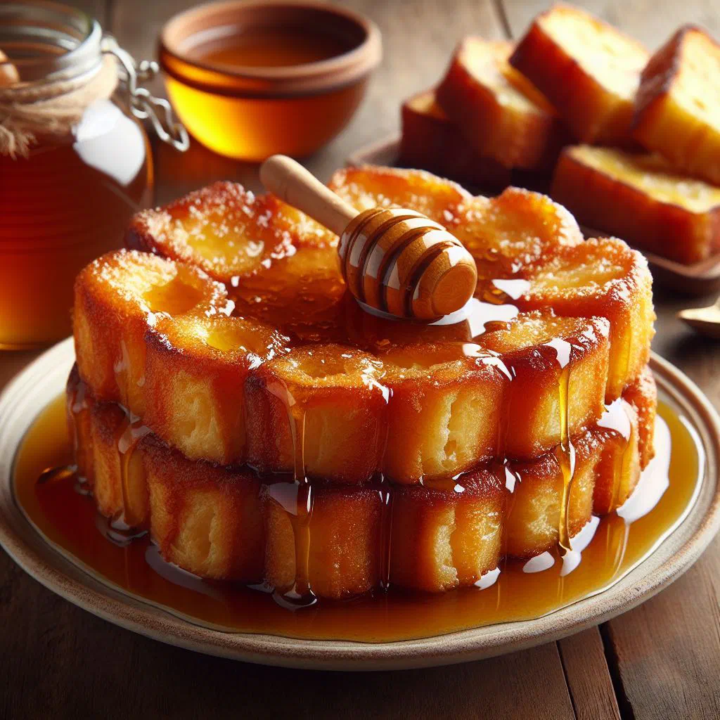 Golden fried torrejas glazed in honey and dusted with cinnamon