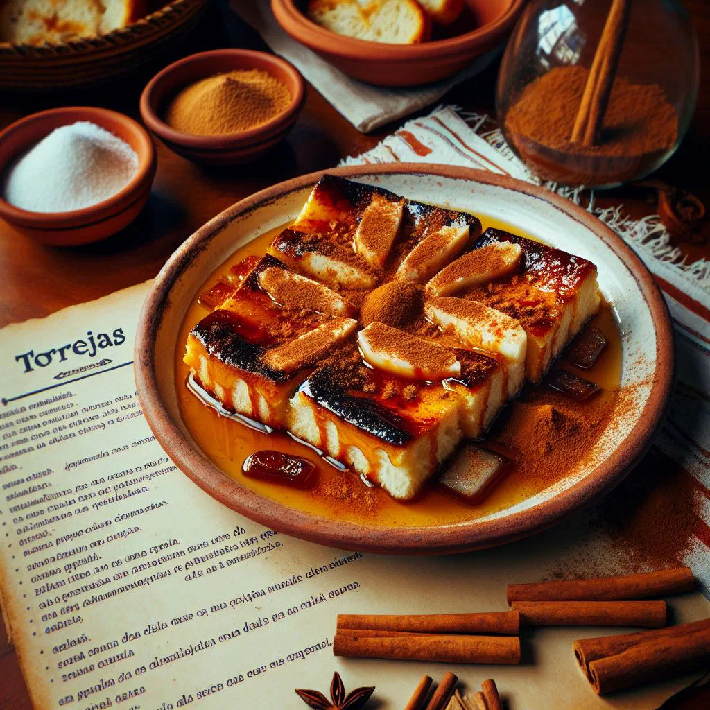 Golden fried torrejas soaked in sweet cinnamon syrup on a plate