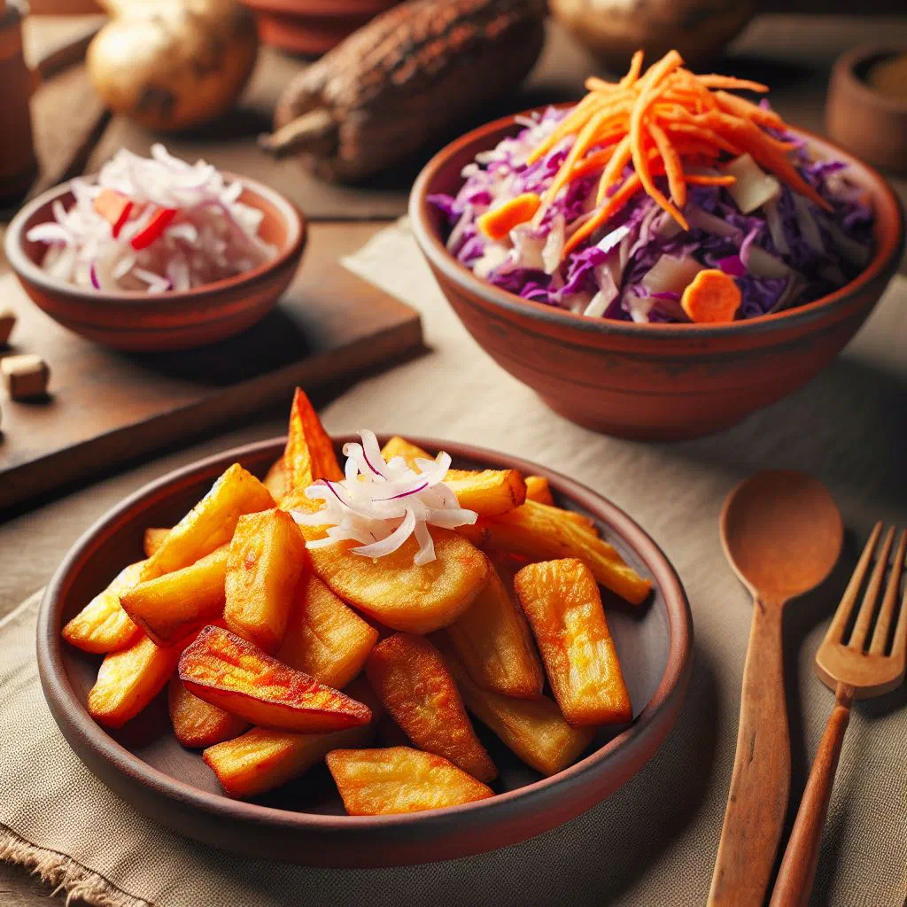 Golden fried cassava chunks served with tangy curtido slaw