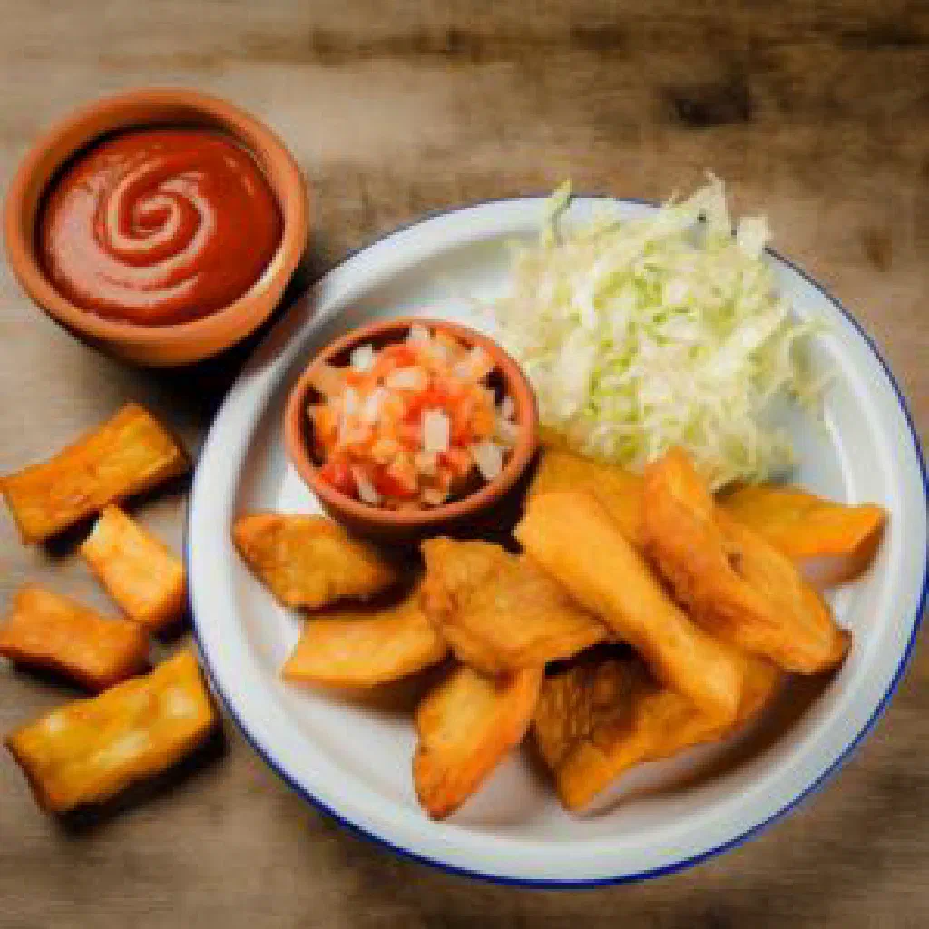 Golden fried cassava sticks served with fresh salsa