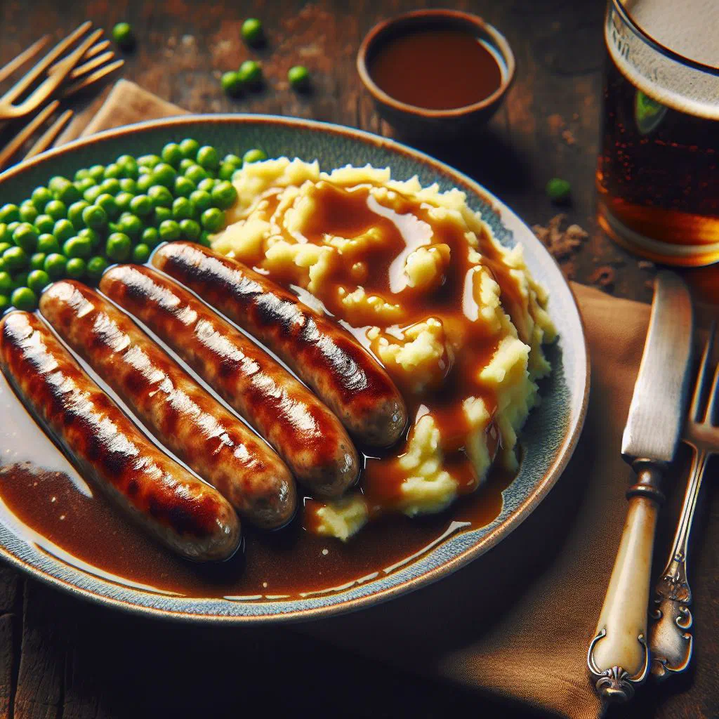 Bangers and mash with sausages, creamy mashed potato and onion gravy
