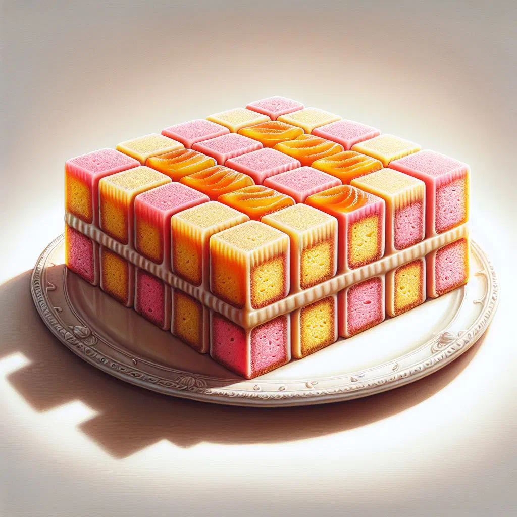 Battenberg cake with pink and yellow checkerboard squares wrapped in marzipan
