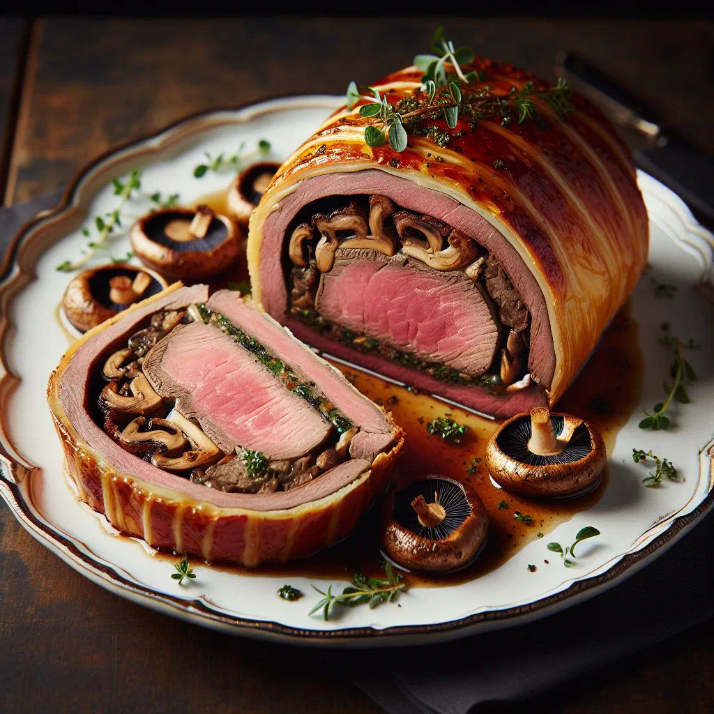 Sliced beef Wellington showing pink beef fillet wrapped in golden puff pastry