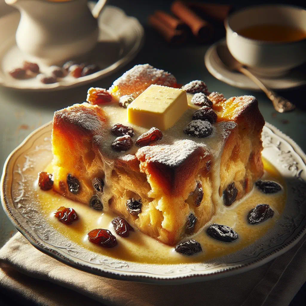 Golden baked bread and butter pudding studded with raisins in a dish