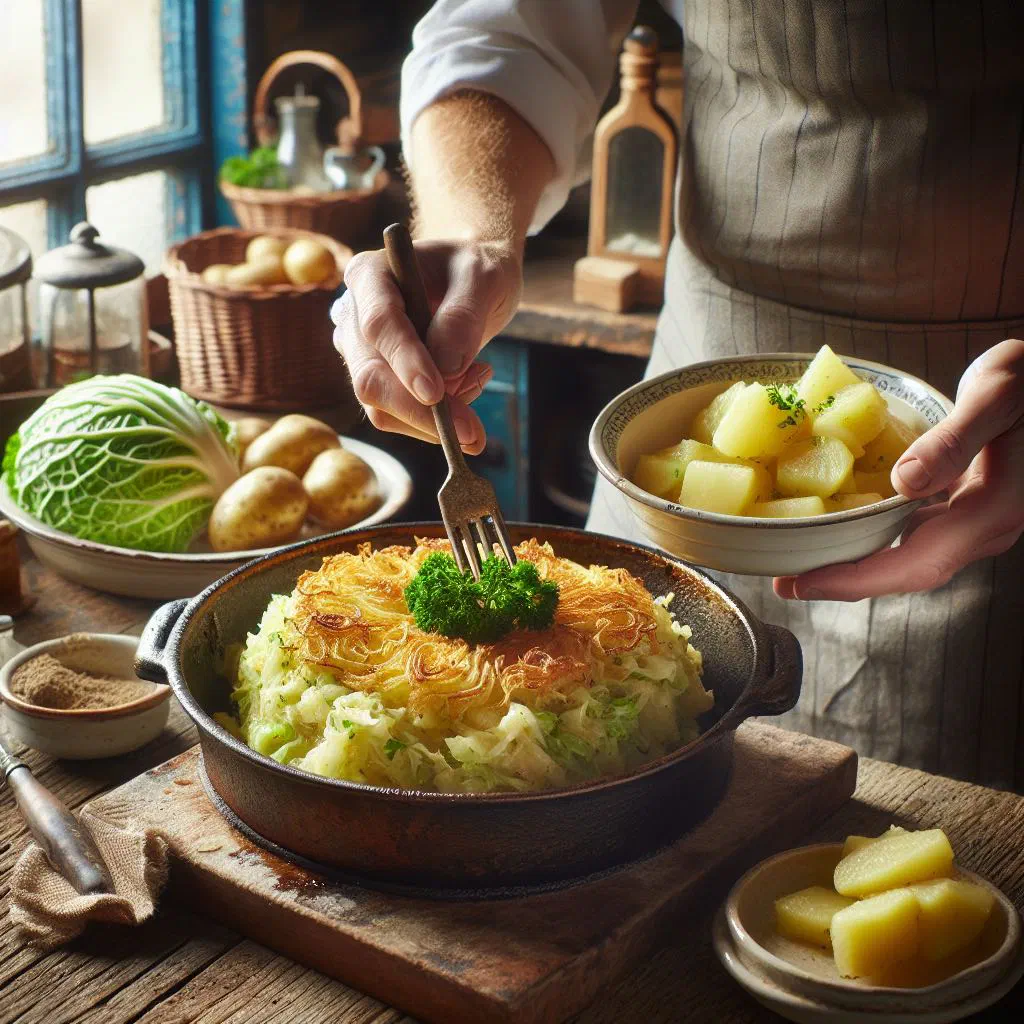 Golden, crispy fried bubble and squeak cake on a plate