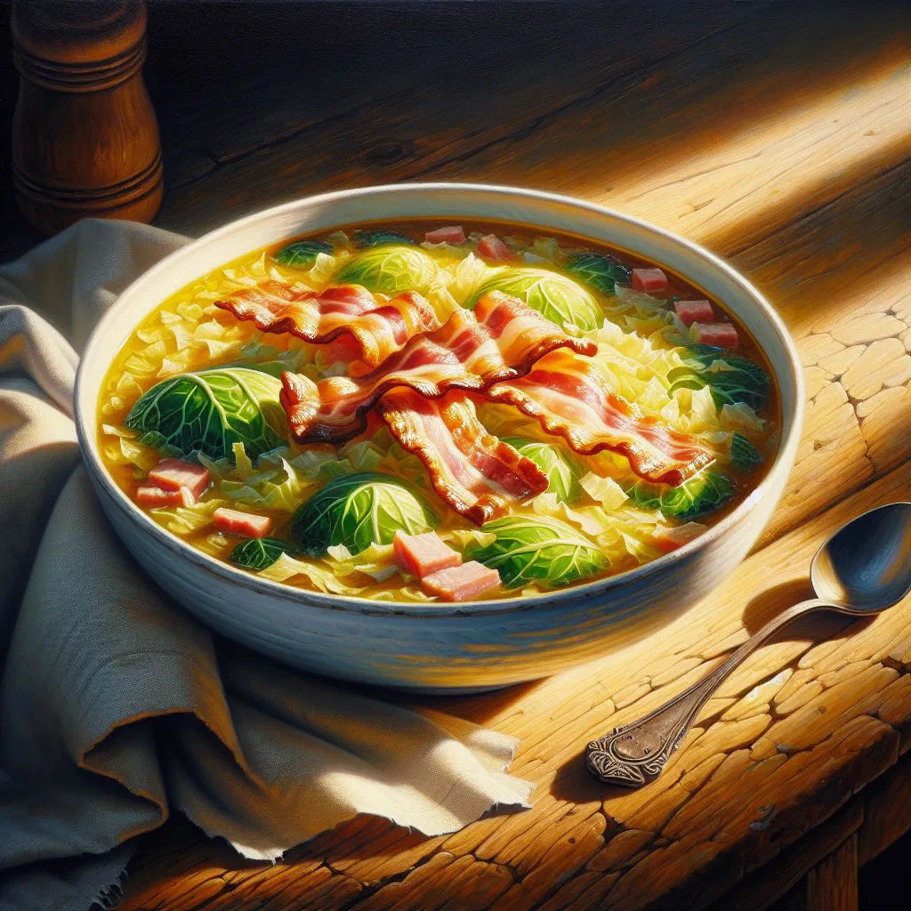 A bowl of cabbage and bacon soup garnished with fresh parsley