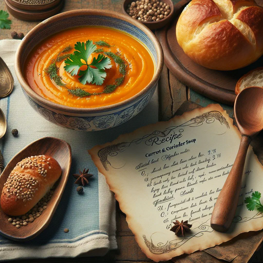 Bowl of carrot and coriander soup garnished with fresh coriander and a swirl of cream
