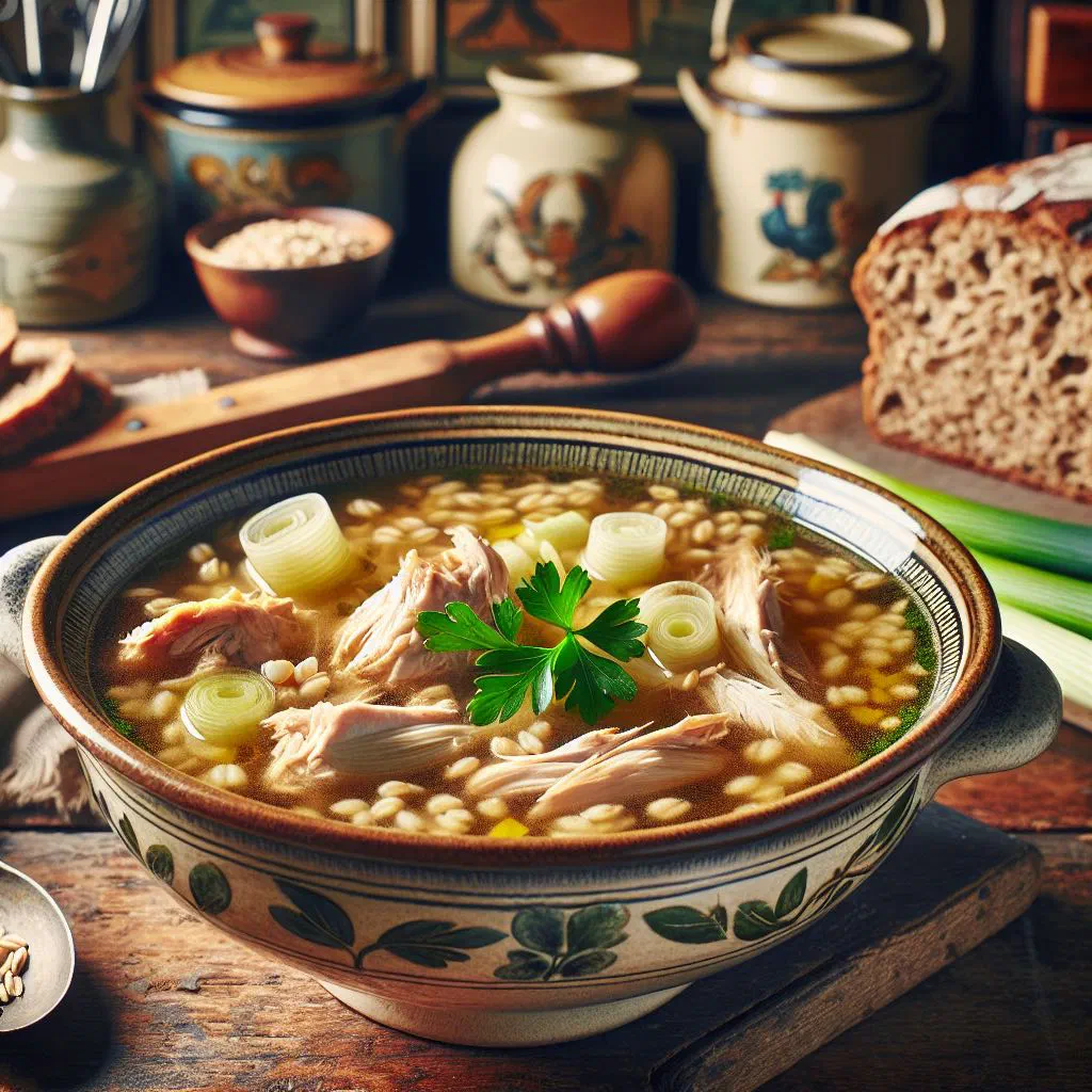 A bowl of cock-a-leekie soup with chicken, leeks and fresh parsley