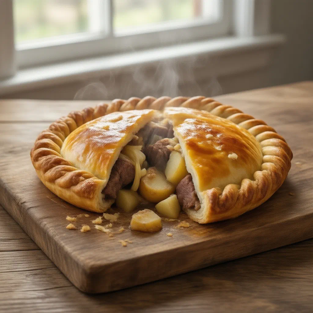 Golden baked Cornish pasties with a crimped crust on a wooden board