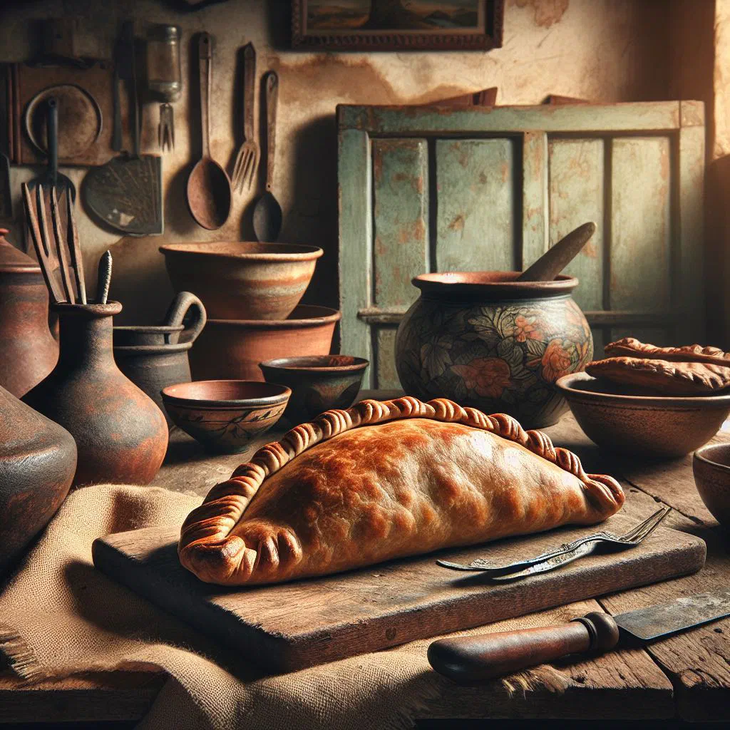 Golden baked Cornish pasties with a crimped crust on a wooden board