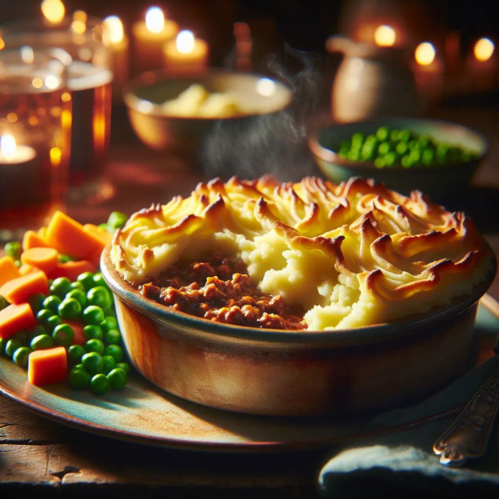 Cottage pie with golden mashed potato topping in a baking dish
