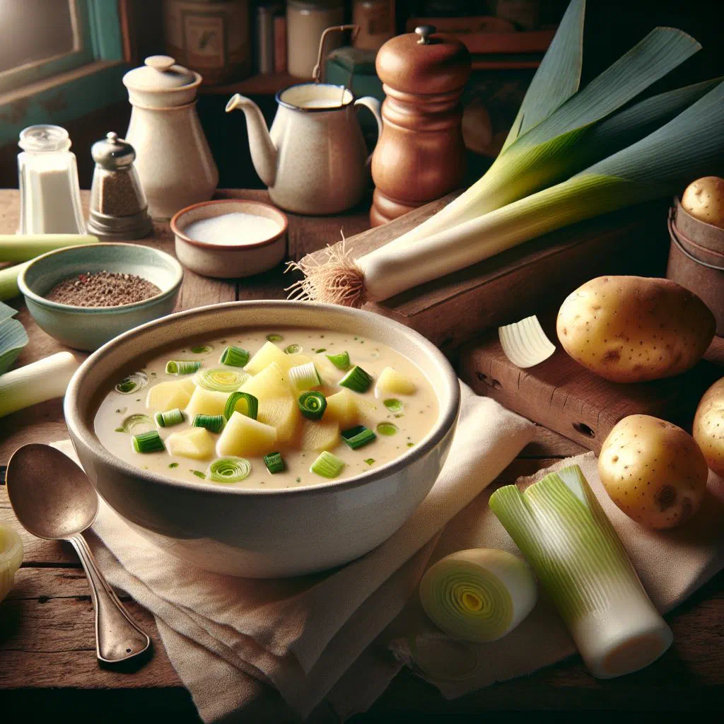 Bowl of creamy leek and potato soup garnished with fresh parsley