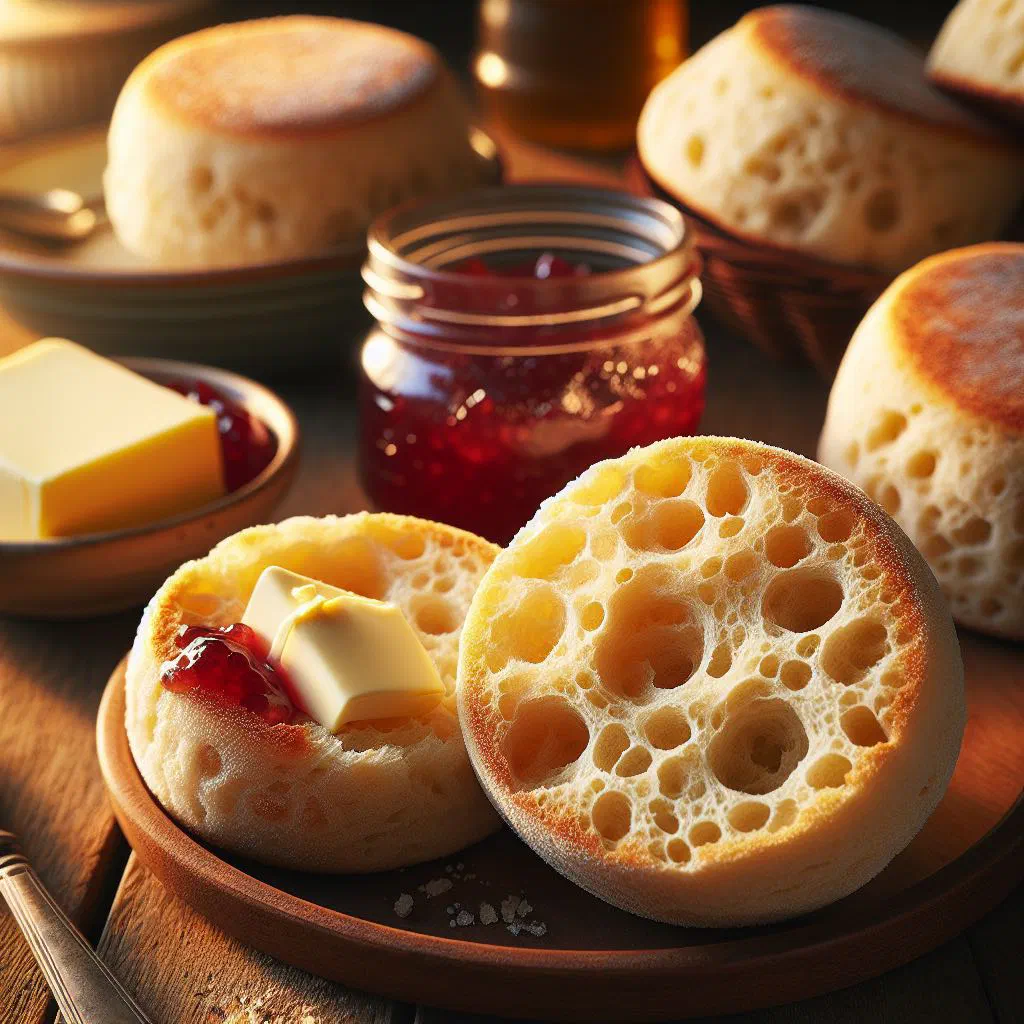 Golden English muffins split and served with butter