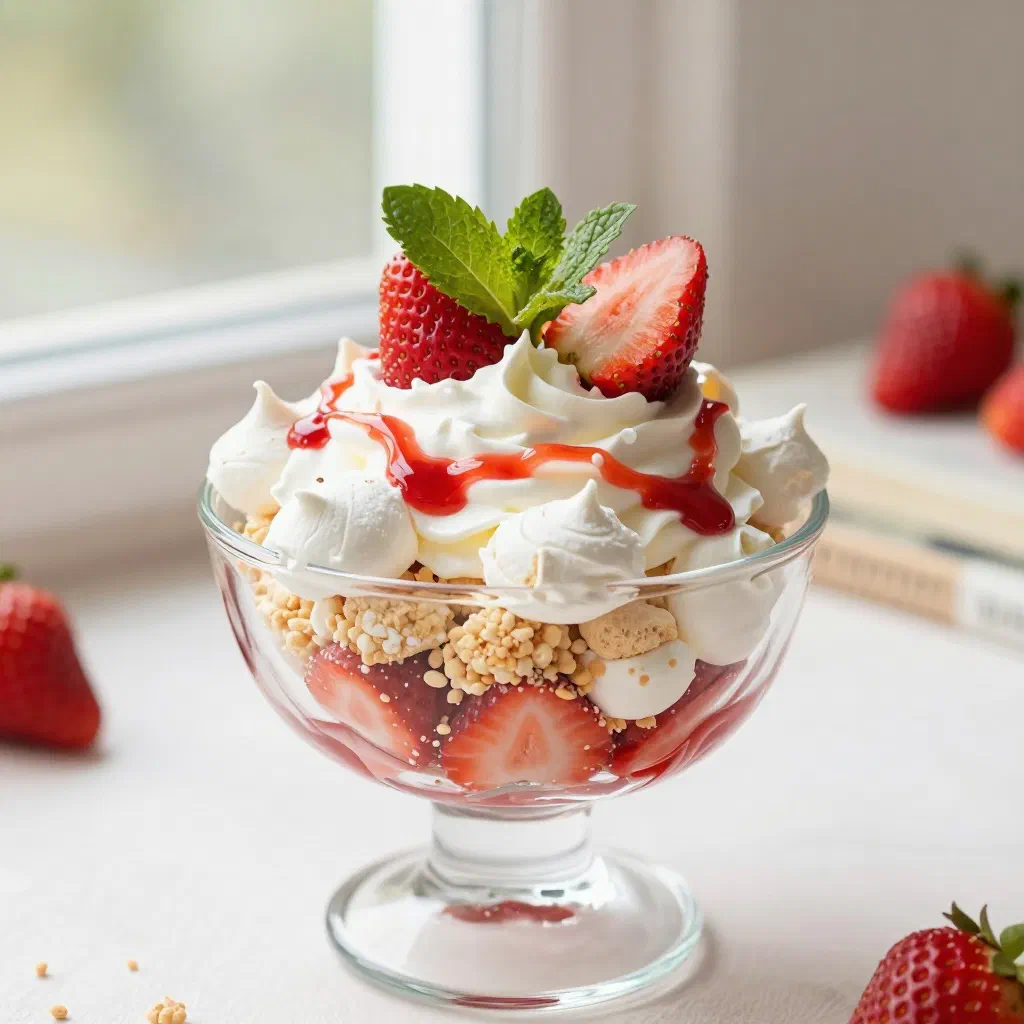 Eton mess in a glass with strawberries, meringue and whipped cream