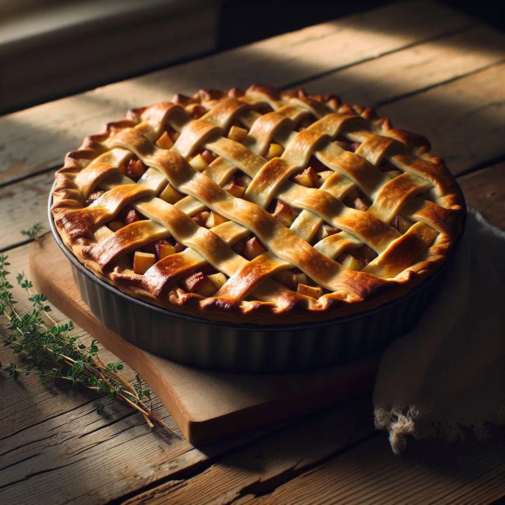 Golden Fidget Pie with a crisp pastry crust and a pork and apple filling