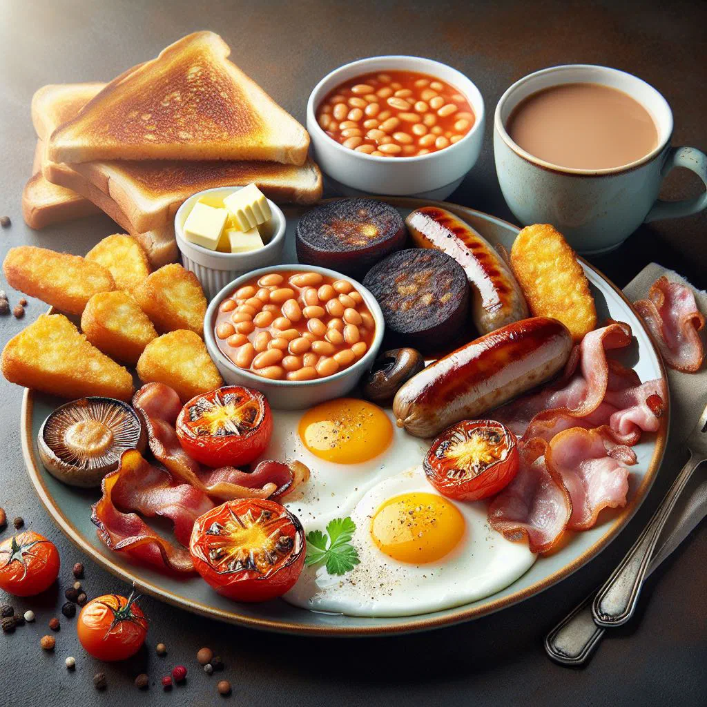 A plated full English breakfast with bacon, sausages, eggs, baked beans, grilled tomato and toast