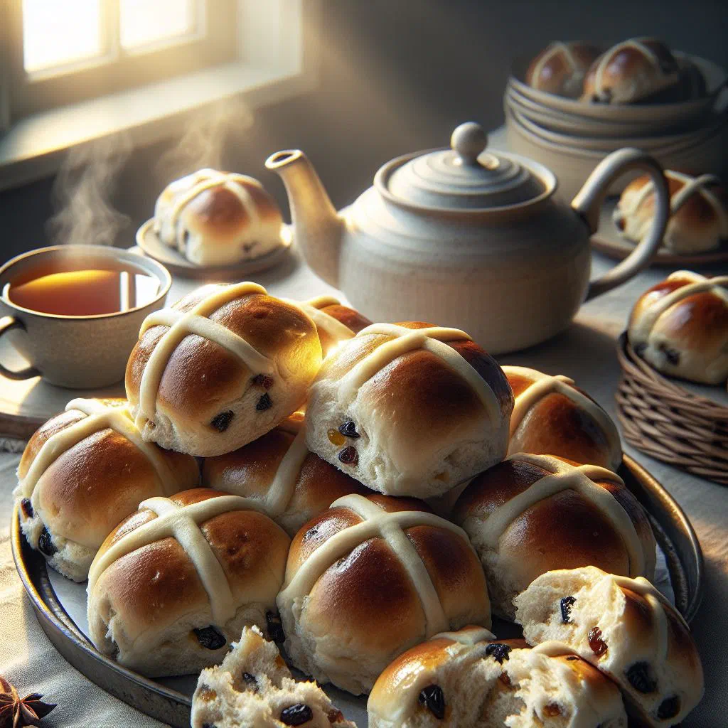 Glazed hot cross buns with piped flour crosses, fresh from the oven